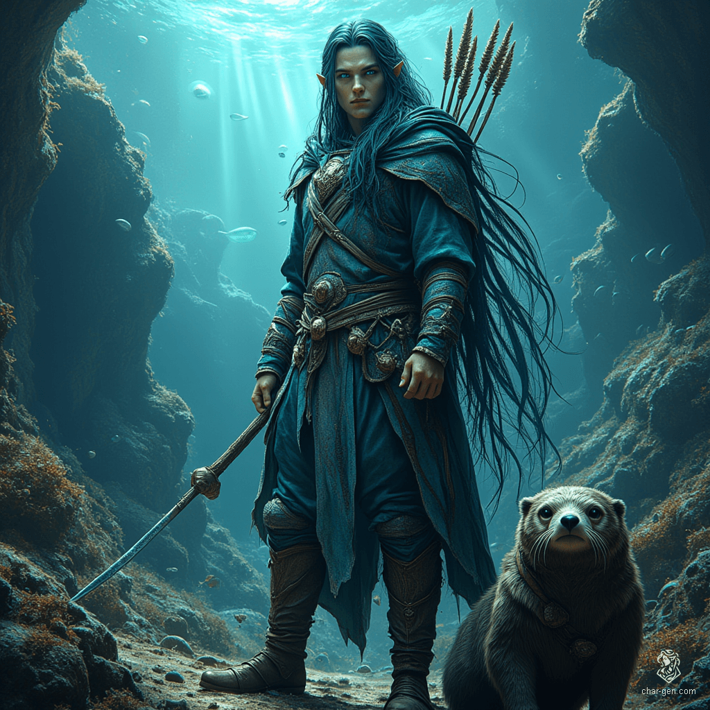 Kael Deepwarden is a proud Triton ranger, embodying the essence of oceanic guardianship. With shimmering bluish-green skin and flowing dark teal hair, he navigates both sea and shore. Adorned in intricately designed scale armor and wielding a coral-crafted longbow, he is never without his loyal sea otter companion, Tide, ensuring the mysteries of the depths remain protected.