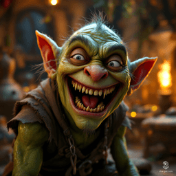 In a cluttered treasure-laden lair, a goblin bursts into laughter, his mischievous eyes sparkling with delight. Detailed warts and scars adorn his green-brown skin, while his sharp teeth and forked tongue further accentuate his exuberance. Illuminated by flickering torchlight, he epitomizes the joy of a successful prank, inviting viewers to share in his moment of triumph.