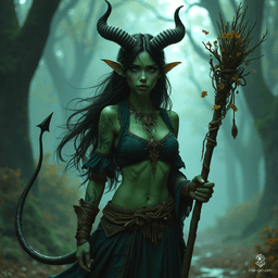 Lilith Valmoira, a 327-year-old tiefling druid with horns and a long tail, wields a twig-adorned nature staff. Abandoned by her mother for her devilish appearance, she found refuge in nature's embrace, becoming wise and connected to the forest. Known as the Green Giant, she navigates the mystical terrains of Barovia.