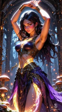 In a moonlit ruin, a stunning young sorceress dances gracefully, her gradient hair shifting from purple to dark blue and black. Adorned in a mesmerizing purple outfit with golden accents and blue jewels, her aura radiates magic. With calm confidence, she embodies celestial beauty and enchantment.