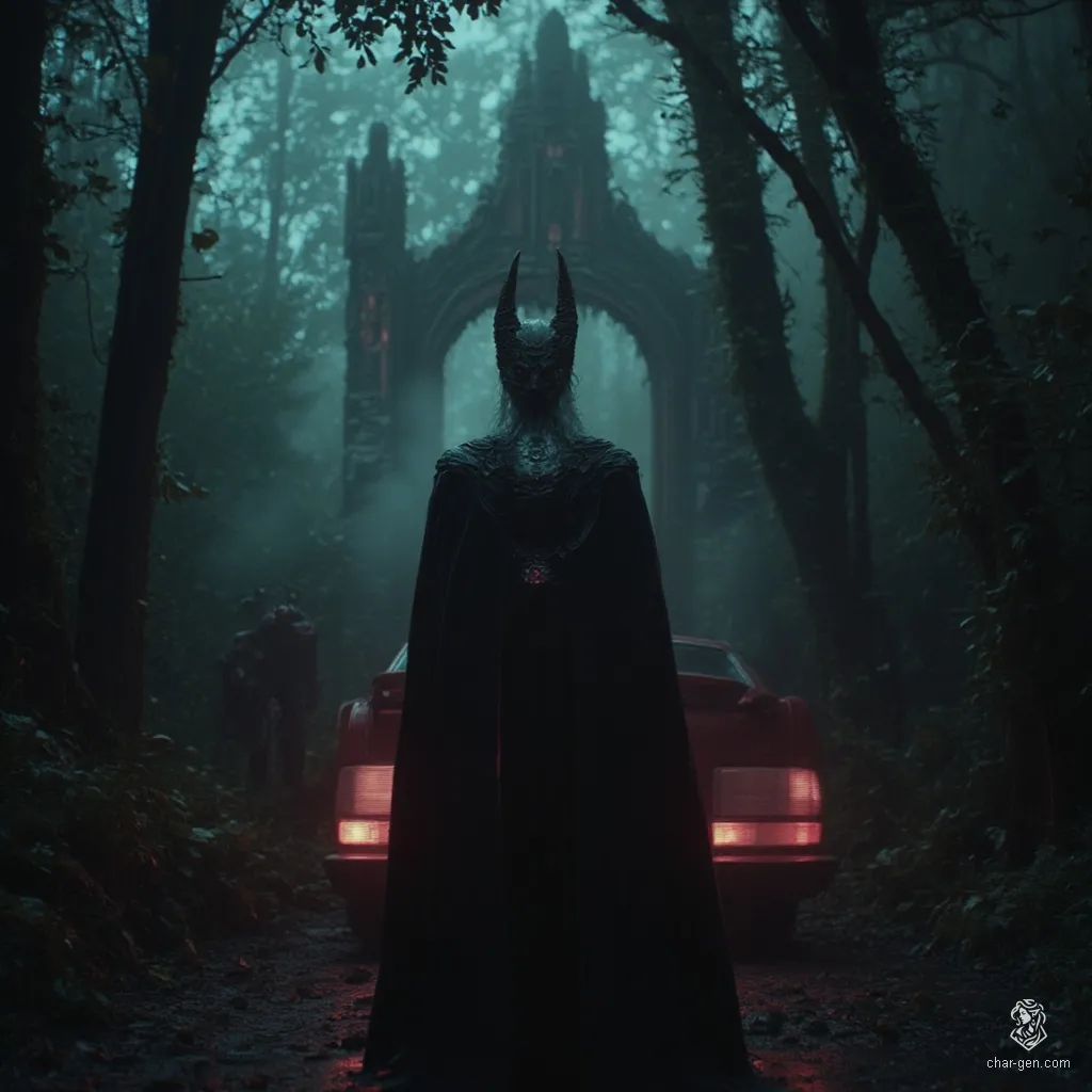 In a highly detailed cinematic scene, a mysterious fantasy character emerges from the shadows of an epic, moody dark forest. Their presence is captured with a stunning bokeh effect and symmetrical balance, in a rich, grainy 8K resolution that evokes classic high-budget Hollywood movies.