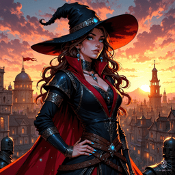 In a vibrant, twilight-lit medieval city, a captivating woman with flowing brown hair and striking green eyes stands defiantly atop a rooftop. Dressed in a sleek black cassock adorned with red and silver, she smirks playfully beneath her feathered hat, evading pursuing guards with an air of enchantment.