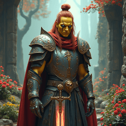A towering githyanki paladin, imbued with an aura of dignity, stands resolute. His gaunt frame is marked by rough, dirty yellow skin and a Voldemort-like skull nose. Russet hair tied in a topknot frames his fierce expression, embodying a warrior dedicated to protection and justice.
