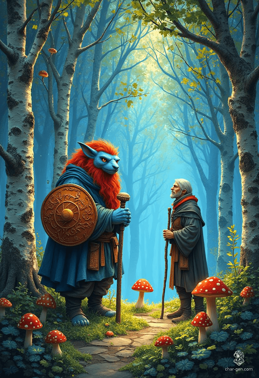 Gerald is a gentle firbolg cleric, standing tall with light blue skin and striking red hair. His serene demeanor is enhanced by his prominent holy symbol and intricately detailed shield. A wise sage, he wields a quarterstaff and embodies a beauty that reflects truth, yet struggles with secrecy.
