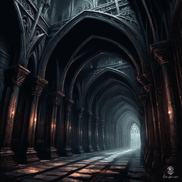 In a vast gothic hall, intricate portals stand tall amidst swirling mystical energy. The dark, muted color palette and dramatic lighting create a high-contrast, eerie atmosphere. Each portal's detailed textures and complex shading whisper of otherworldly realms, encompassed by deep shadows and soft gradients, exuding a fantasy horror aesthetic.