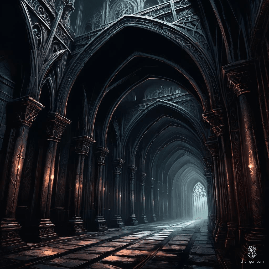 In a vast gothic hall, intricate portals stand tall amidst swirling mystical energy. The dark, muted color palette and dramatic lighting create a high-contrast, eerie atmosphere. Each portal's detailed textures and complex shading whisper of otherworldly realms, encompassed by deep shadows and soft gradients, exuding a fantasy horror aesthetic.