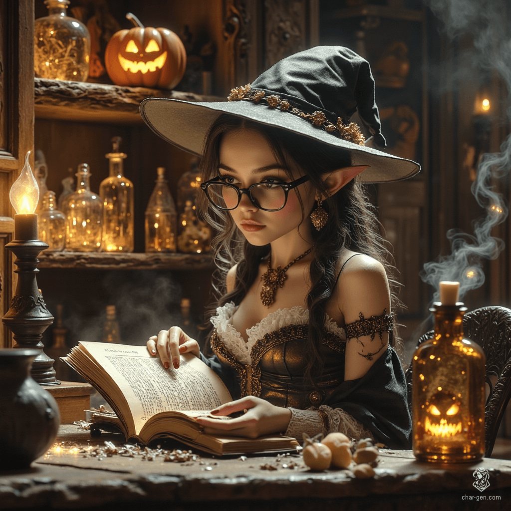 Maryam is a charming elder elf forensic medicine investigator with slender grace and warm, tanned skin marked by time. Her tea-colored hair flows in a loose ponytail, complemented by rimless spectacles and a pointed witch's hat. Surrounded by herbs and potions in her cozy alchemical lab, she exudes competence and curiosity, with her mischievous ghostly spider familiar assisting her investigations.