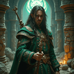 Eliseo Alboresi, a 22-year-old human wizard, stands 6’0” tall with olive skin and rich espresso hair. His sharp green eyes reflect his immense wisdom. Clad in enchanted garments adorned with arcane sigils, he wields a sleek wand, driven by a lifelong quest for deeper truths.
