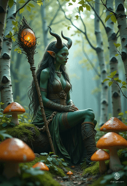 Lilith Valmoira, a tiefling druid with devilish features and vibrant green skin, finds solace in nature amidst her troubled past. Armed with a twig-adorned staff and accompanied by animal friends, she navigates the cursed forests of Barovia, seeking wisdom and belonging.