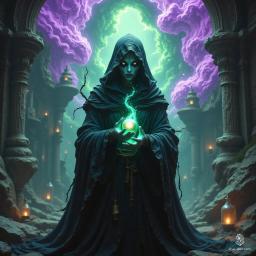 A middle-aged female monk and alchemist, her milky eyes and translucent skin hint at her dark history. Dressed in a tattered black robe, she moves fluidly among bubbling potions and vials, embodying a serene yet unsettling presence in her eerie potion-filled sanctuary.