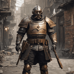In a gritty, smoke-filled slum, the Steampunk city guard stands vigilant, clad in basic leather armor and simple attire. Wielding a sturdy baton, they embody both authority and resilience, patrolling the cobbled streets where steam and shadows intertwine, keeping a watchful eye over the downtrodden.