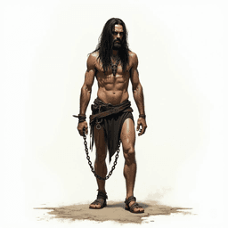 Meet Kael, a towering, gaunt figure shackled in chains, his long black hair framing a face etched with fury. Once a noble warrior, he now haunts the ethereal realm, embodying both anguish and resilience, captivating all with his majestic, otherworldly presence.