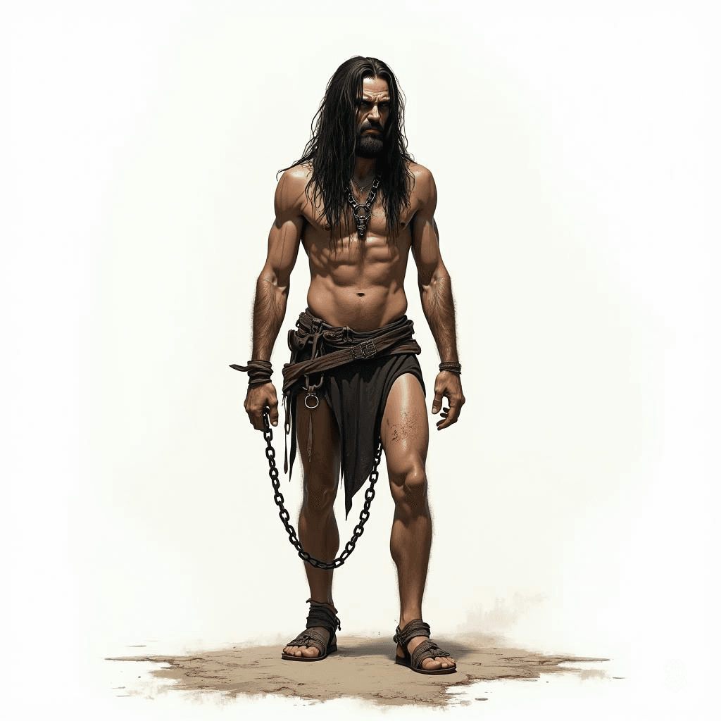 Meet Kael, a towering, gaunt figure shackled in chains, his long black hair framing a face etched with fury. Once a noble warrior, he now haunts the ethereal realm, embodying both anguish and resilience, captivating all with his majestic, otherworldly presence.