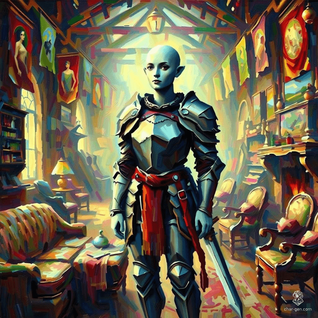 A doppelganger with fair, smooth skin, often wears chain armor, and can morph its appearance to mimic others. Its featureless face and sharp skin contrast make it a haunting, versatile infiltrator in any fantasy setting.