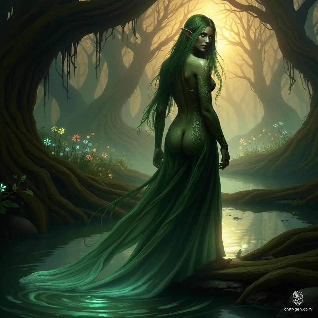 In a sacred forest spring, an ethereal dryad emerges, bathed in golden-hour light. With flowing green hair and bark-like skin adorned with vine patterns, she embodies nature's magic. Surrounded by ancient trees and bioluminescent flowers, her presence radiates serenity and timeless beauty.