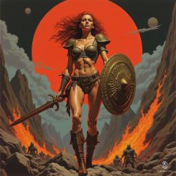 A fierce barbarian warrior woman stands triumphantly on a rocky battlefield, her fiery red hair billowing in the wind. Clad in a chainmail bikini adorned with ancient runes, she wields a massive bloodied sword and a battered shield, embodying strength amidst the chaos of defeated foes and smoldering flames.