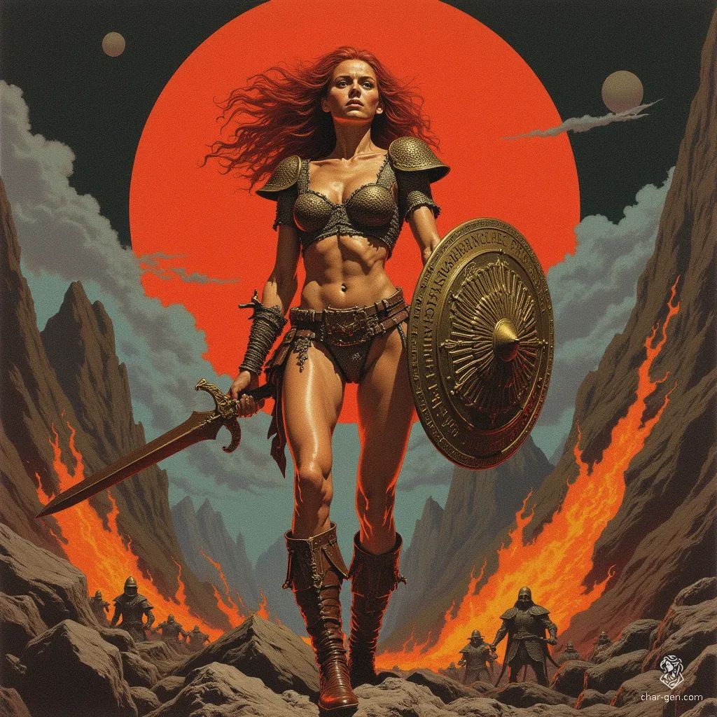 A fierce barbarian warrior woman stands triumphantly on a rocky battlefield, her fiery red hair billowing in the wind. Clad in a chainmail bikini adorned with ancient runes, she wields a massive bloodied sword and a battered shield, embodying strength amidst the chaos of defeated foes and smoldering flames.