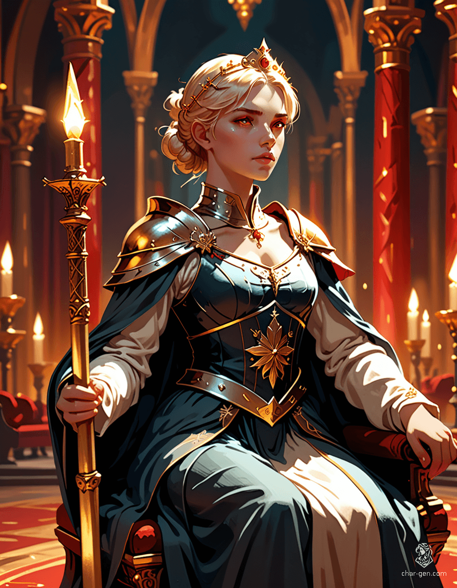 Loralyn, the serene Aasimar monk and baroness, radiates celestial grace in her dimly lit throne room. With warm golden skin, ethereal golden eyes, and a subtle glow, she wields her quarterstaff as a symbol of power and protection, poised to defend her realm from encroaching darkness.
