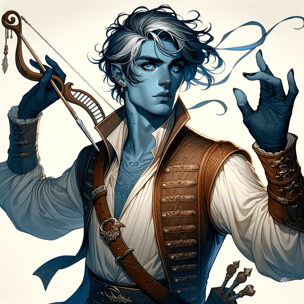 Breezen Aeolus, an 18-year-old air genasi bard, dazzles with his sky-blue skin and stormy grey hair. Agile and charming, he expertly wields a rapier and an enchanting instrument, weaving magic through expressive gestures. Clad in ornate leather armor, he embodies both noble elegance and aerial grace.