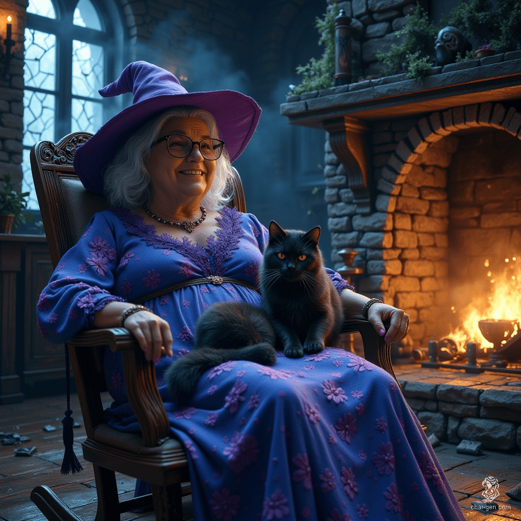 Meet Elder Mira, a plump witch with a warm smile and twinkling eyes behind round glasses. Adorned in a flowery blue dress and a whimsical purple hat, she sits comfortably in her rocking chair, stroking her sinister cat as flames crackle in the cozy hearth of her quaint cottage.