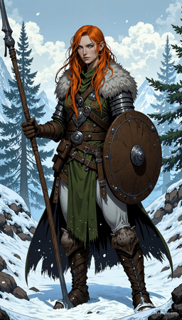 In a frozen battlefield, a fierce Slavic warrior woman embodies resilience. With flowing auburn hair, sharp green eyes, and clad in fur-lined hides over chainmail, she wields an intricately carved spear and carries a circular shield, ready to defend against any foe under the pale winter light.