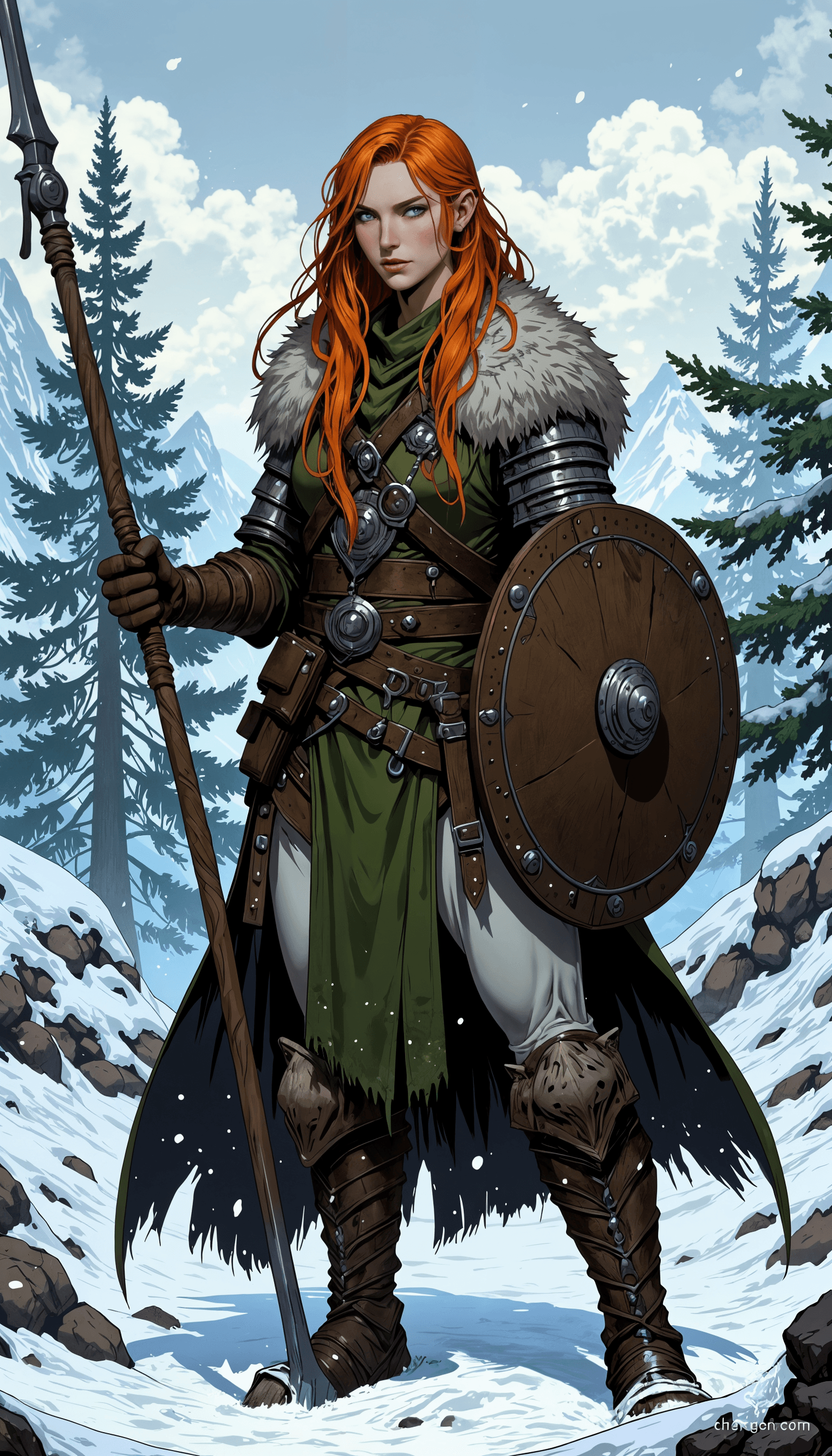 In a frozen battlefield, a fierce Slavic warrior woman embodies resilience. With flowing auburn hair, sharp green eyes, and clad in fur-lined hides over chainmail, she wields an intricately carved spear and carries a circular shield, ready to defend against any foe under the pale winter light.