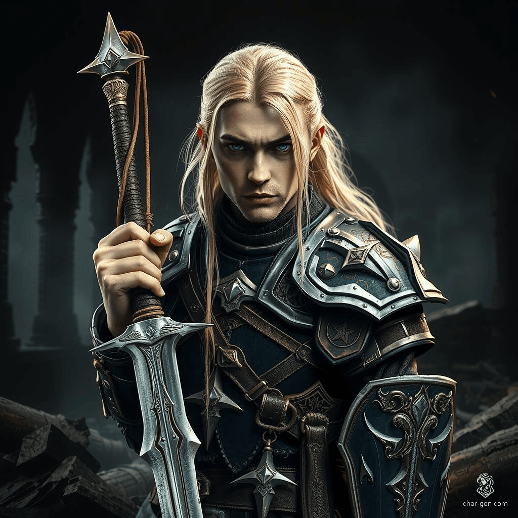 Logan is a 27-year-old noble human paladin of House Falendar, standing 6'2" with long blond hair and striking blue eyes. A strong, nimble, and intelligent warrior driven by honor and vengeance, he now forsakes his noble title, fighting for those who cannot defend themselves.