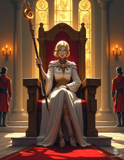 Loralyn, the serene Aasimar monk and baroness, exudes celestial grace from her high-backed throne. With glowing golden eyes and light golden skin, she embodies divine power. Dressed in modest robes adorned with celestial symbols, her unwavering gaze reflects wisdom and resolve in her enchanted throne room.