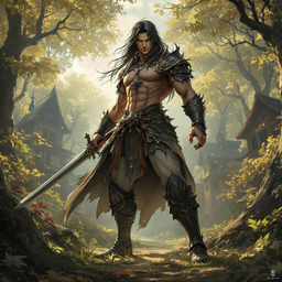 A dynamic medieval fantasy anime character rendered in ultra-realistic 4K HDR digital art, featuring perfect anatomy and detailed skin texture. Set in a lush forest-town, this life-size figure strikes a cinematic pose, blending vibrant anime style with immersive depth and vivid detail.