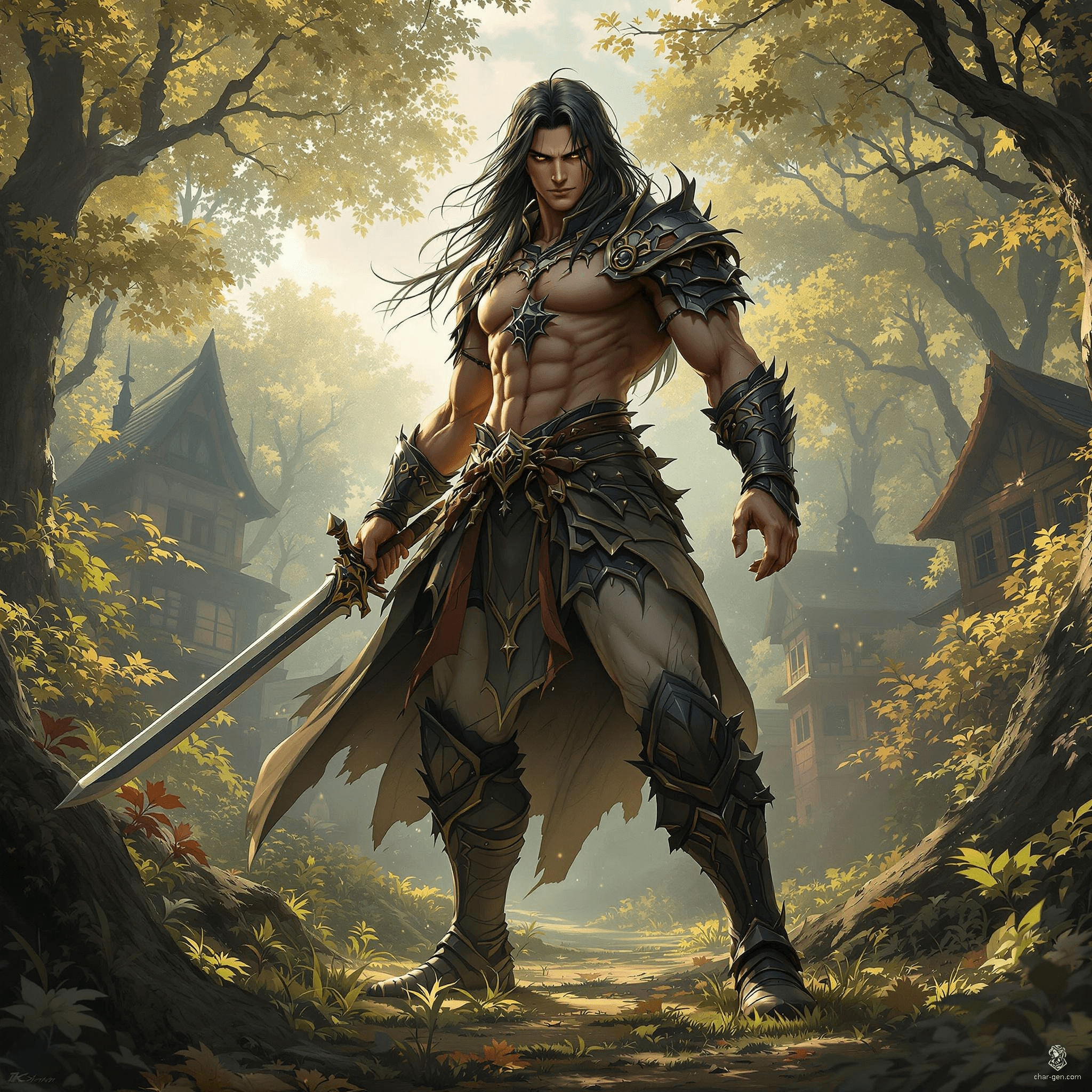 A dynamic medieval fantasy anime character rendered in ultra-realistic 4K HDR digital art, featuring perfect anatomy and detailed skin texture. Set in a lush forest-town, this life-size figure strikes a cinematic pose, blending vibrant anime style with immersive depth and vivid detail.