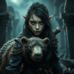 Vex'ahlia, a 28-year-old female half-elf, is an expert hunter and tracker. Standing 5'5" with jet midnight black hair and brown eyes, she navigates life on the fringes of society. Nimble and stealthy, Vex thrives in the wild, accompanied by her loyal bear, Trinket.
