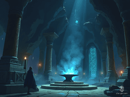 Deep within Wave Echo Cave lies the Forge of Spells—a cavernous chamber holding an ancient, blackened anvil surrounded by glowing runes. Rusted tools and enchanted crystal fragments scatter the stone floor, while faded glyphs glow faintly on the walls. Pulsating light and shimmering heat imbue the air with a dreamlike, mystical aura.