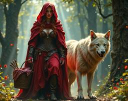 A fierce teenage witch-hunter, clad in a blood-red riding cloak and corset, rides a towering dire wolf through sun-dappled woods. With fiery cherry-red hair and a basket of bloodied silver weapons, she hunts dark magic, her fair skin and striking red lips marked by the violence of her deadly mission.