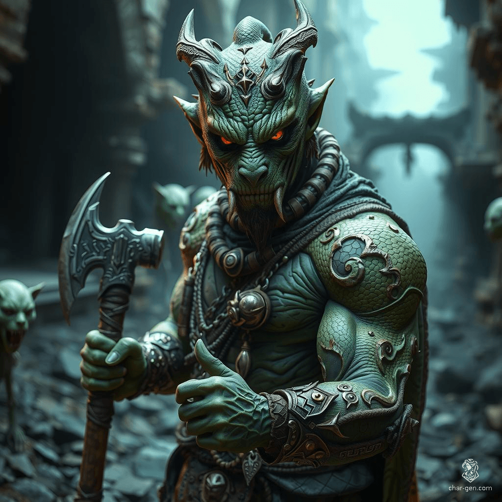 Suomi is a rugged, 50-year-old male Yuan-Ti druid and totem warrior with green/teal skin and striking yellow eyes. Standing 6ft tall and weighing 200 pounds, he wields a greataxe and transforms into powerful beasts. Raised near Baldur's Gate and facing prejudice, he seeks to champion cold-blood rights, driven by a fierce loyalty to his allies.