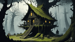 Nestled in a dark enchanted forest shrouded in dense fog, Baba Yaga's gnarled, scaly hut stands on enormous spindly chicken legs. Twisted, moss-covered walls adorned with faint glowing runes exude an eerie, mystical atmosphere, complemented by towering twisted trees and luminescent mushrooms.