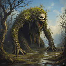 From the depths of the murky swamp, a shambling mound rises—a grotesque amalgamation of moss, twisted roots, and the remnants of human skulls. Dripping with stagnant water, it exudes a chilling aura, each shudder echoing its macabre hunger for life. This animated heap of vegetation is a true harbinger of doom.