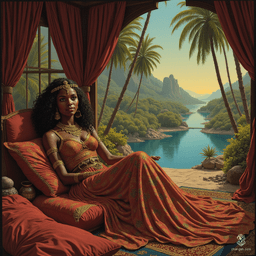 In a lush oasis, a Nubian princess lounges in her opulent tent, exuding elegance and confidence. With dark, radiant skin and captivating, wise eyes, her intricately adorned curls and vibrant gown reflect royal splendor. Surrounded by vivid fabrics and luxurious decor, she embodies beauty and strength in harmony with nature.