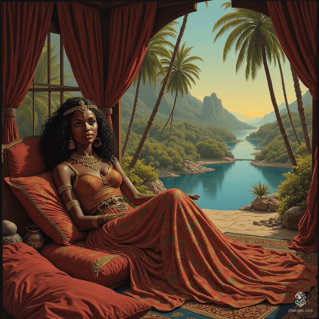 In a lush oasis, a Nubian princess lounges in her opulent tent, exuding elegance and confidence. With dark, radiant skin and captivating, wise eyes, her intricately adorned curls and vibrant gown reflect royal splendor. Surrounded by vivid fabrics and luxurious decor, she embodies beauty and strength in harmony with nature.