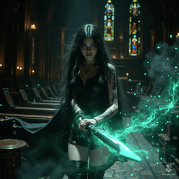 A striking level 20 female warlock, she serves the Raven Queen with an aura of arcane magic. Clad in leather pants and a revealing white blouse, her pale skin is adorned with raven and mist tattoos. With long black hair and seductive green eyes, she wields a soul-consuming claymore, exuding dark beauty and power.