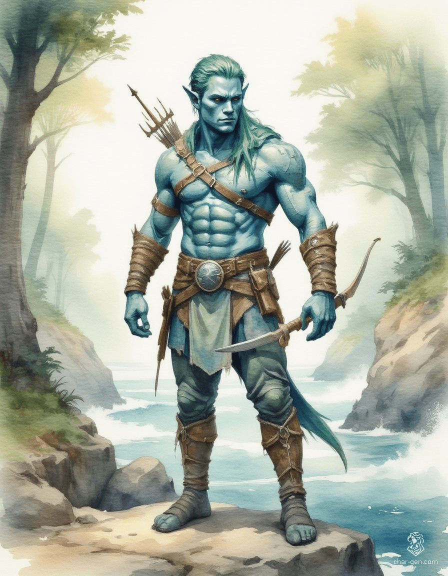 Kaelen, the triton ranger, stands poised at a forest cliff, his blue, scale-like skin shimmering with hints of green. His kelp-green hair is adorned with shells and feathers, echoing his hybrid heritage. Armed with a driftwood bow and a trident dagger, he bridges the realms of sea and forest, embodying both worlds' mysteries and beauty.