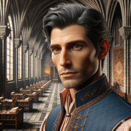 A fair-skinned male spy with perfectly coifed greying black hair and brown eyes blends effortlessly into crowds. Dressed inconspicuously in cobalt and peach servant attire, he carries secret messages while eavesdropping, his sharp features contrasting with his well-maintained appearance.