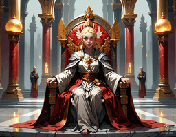 Loralyn, a serene Aasimar monk and baroness, radiates an ethereal glow in her grand throne room. With her pupil-less golden eyes and disciplined aura, she commands respect while clenching a glowing quarterstaff. Draped in a modest robe adorned with celestial symbols, she embodies both wisdom and divine power.