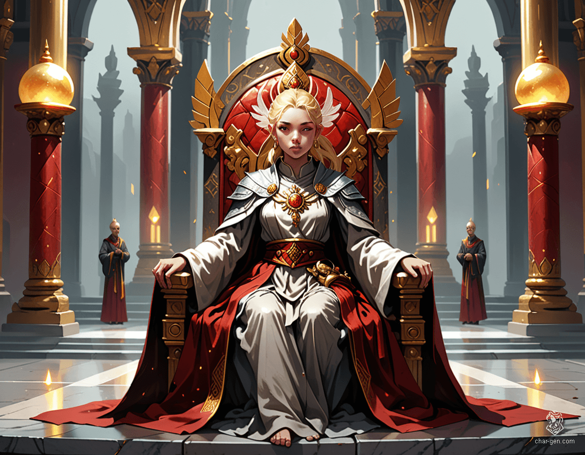 Loralyn, a serene Aasimar monk and baroness, radiates an ethereal glow in her grand throne room. With her pupil-less golden eyes and disciplined aura, she commands respect while clenching a glowing quarterstaff. Draped in a modest robe adorned with celestial symbols, she embodies both wisdom and divine power.