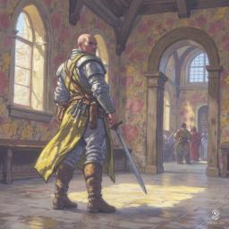 Captain Hiustus Staget, a vigilant city watch leader in his early thirties, is known for his scarred features and short hair. Clad in chainmail, he exudes confidence and authority, ensuring the town's safety while balancing the weight of his responsibilities with a cool, composed demeanor.