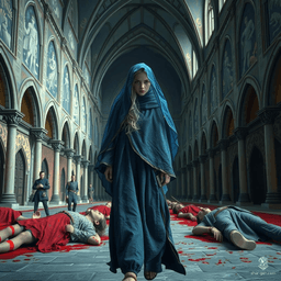 Amidst fallen figures on a stone floor, a skinny 18-year-old blonde medieval girl, draped in ragged blue robes and a transparent veil, walks sadly. Her right face is smeared with red juice, reflecting her sorrow in the eerie scene.
