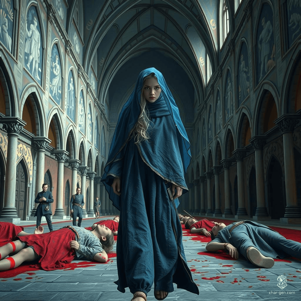 Amidst fallen figures on a stone floor, a skinny 18-year-old blonde medieval girl, draped in ragged blue robes and a transparent veil, walks sadly. Her right face is smeared with red juice, reflecting her sorrow in the eerie scene.