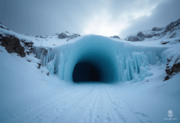 Nestled high in the mountains, the majestic ice cave looms, its crystalline entrance shimmering under a dark, cloudy sky. Surrounding it, deep drifts of untouched snow blanket the landscape, creating an eerie silence where no footprints disturb its pristine beauty. An air of otherworldly mystery lingers in the frosty breath of winter.