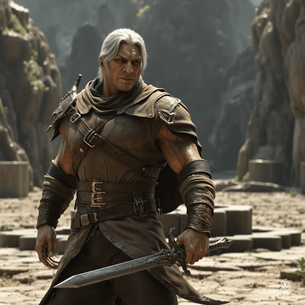 Tancrede, a weathered 55-year-old human warrior, blends the skills of a fighter, ranger, and rogue. With a shortsword in hand and a keen eye for nature, he embodies resilience and intelligence. Haunted by past tragedies, he tracks dragons while uncovering the truth behind a young hero's legacy.