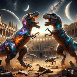 A massive, light-skinned allosaurus with a galaxy-patterned hide dominates the colosseum, its short arms and powerful hind legs striking fear. Its bloody mouth hints at a fierce battle with a T. rex, contrasting sharply against its ethereal skin.
