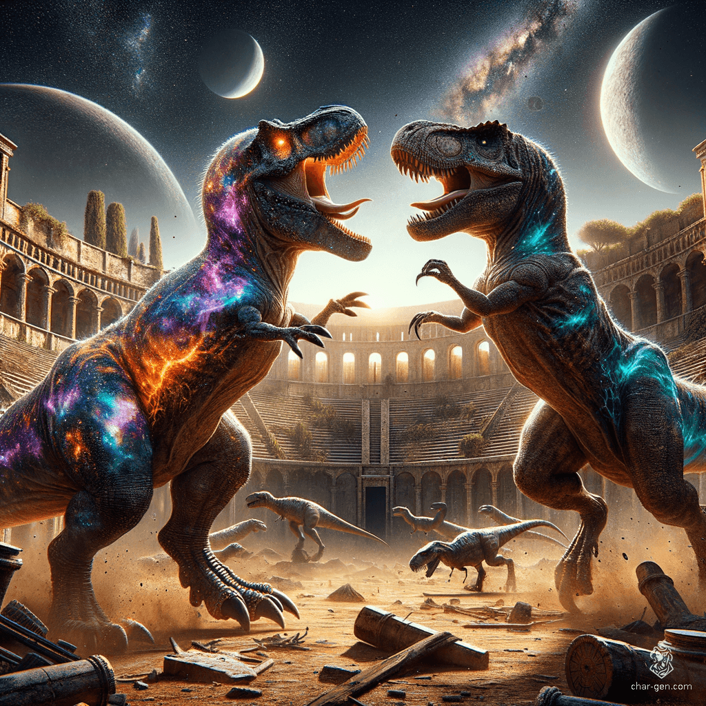 A massive, light-skinned allosaurus with a galaxy-patterned hide dominates the colosseum, its short arms and powerful hind legs striking fear. Its bloody mouth hints at a fierce battle with a T. rex, contrasting sharply against its ethereal skin.